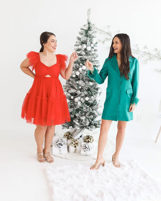 Emerald Satin Feather Trim Blazer Dress