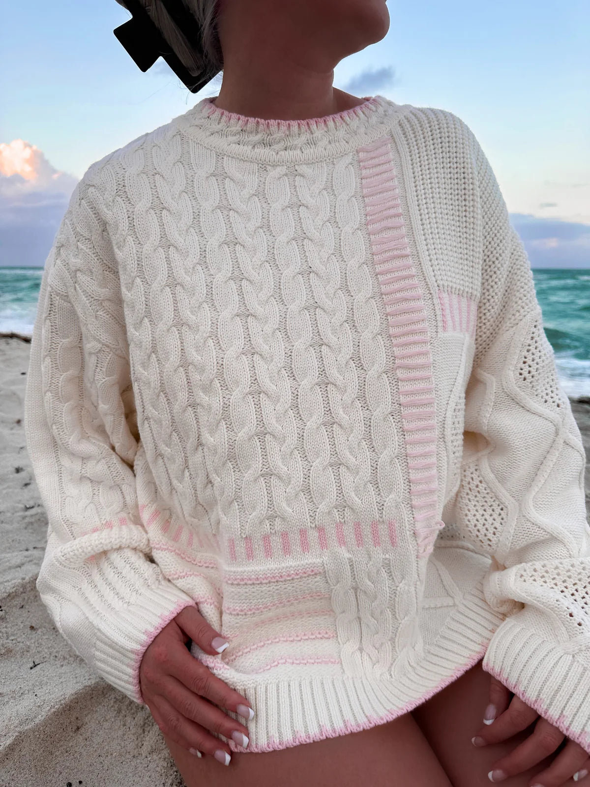 Knitted Patchwork Pink & White Sweater